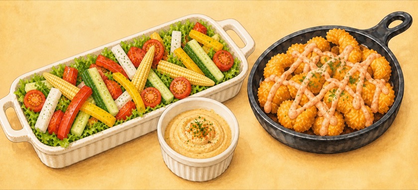 彩り野菜スティックと明太マヨシュリンプのイラスト